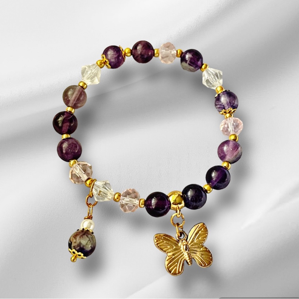 Handmade Bracelet with Beads and Crystals – Gold Butterfly Charm